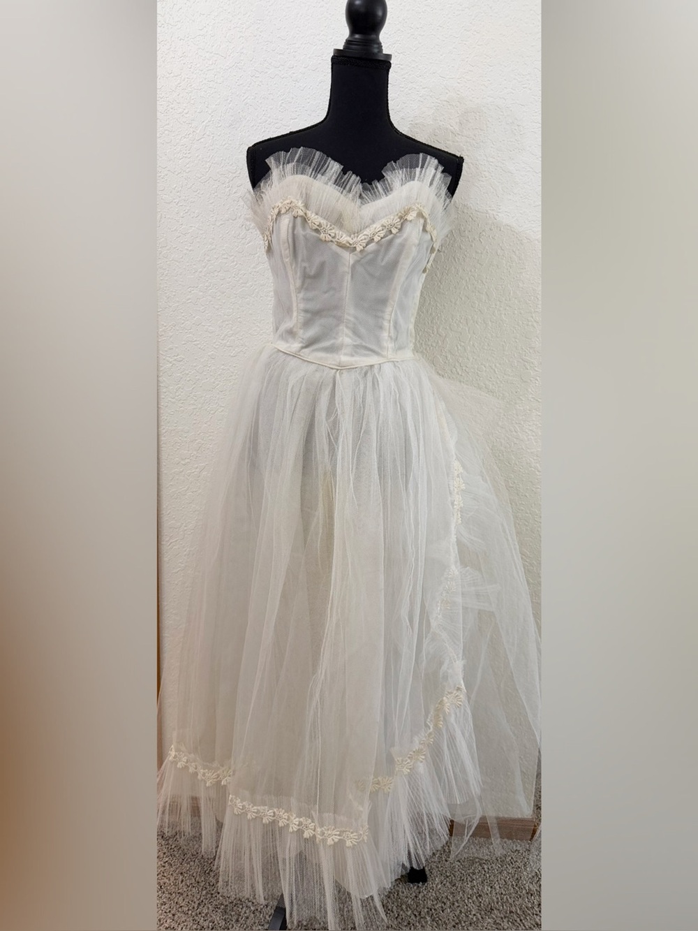 Emma Domb California Vintage 1950s Romantic Ivory Tulle Strapless Dress